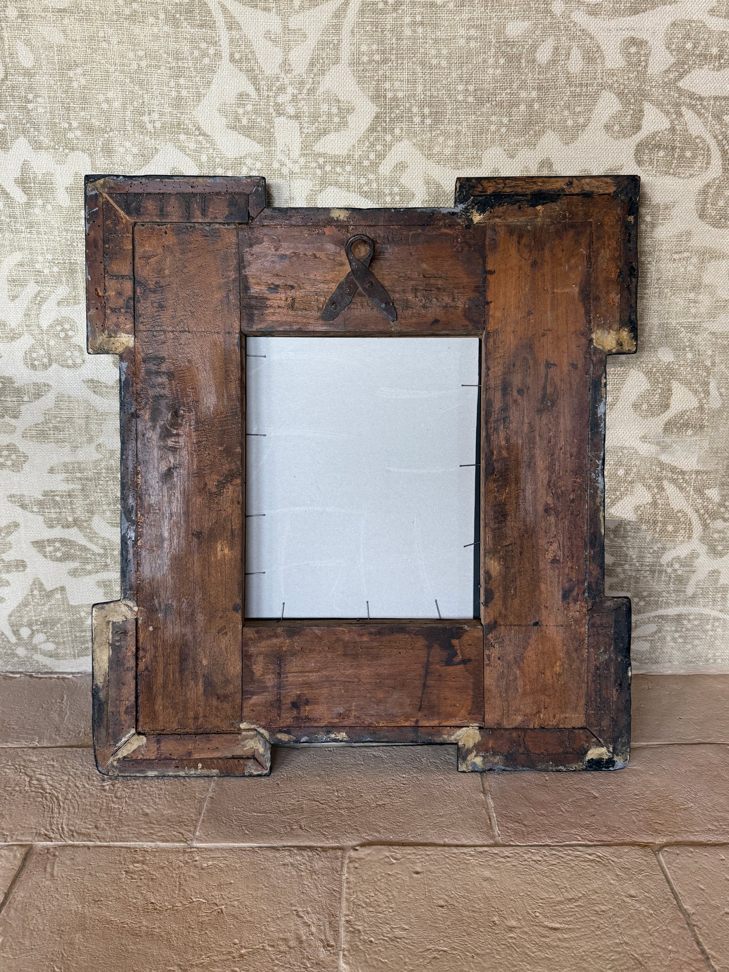 Antique Italian Walnut Frame Mirror with Original Iron Hook c. 1600